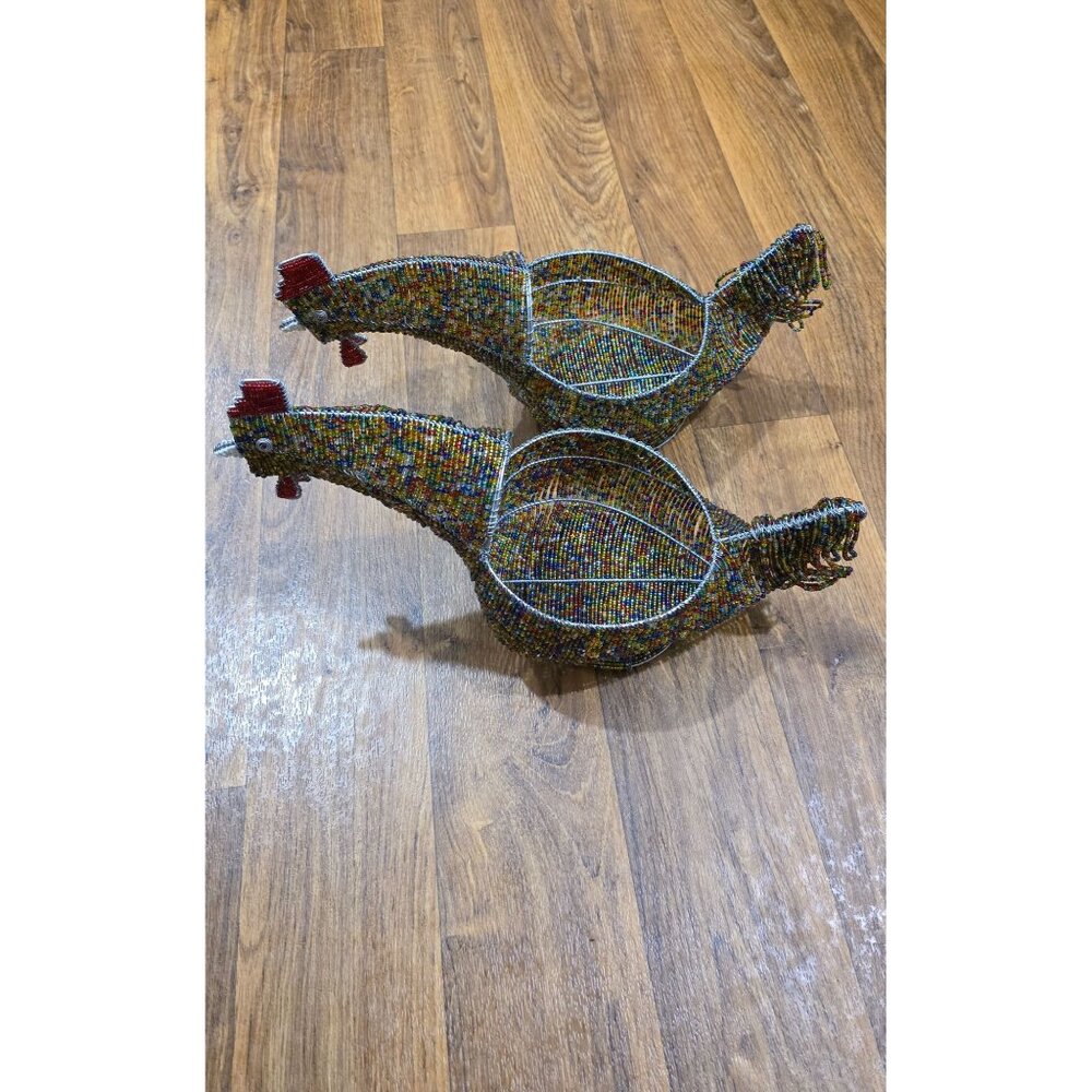 Set Of 2 Handmade Beaded Wire Chicken Baskets For Decor Or Storage
